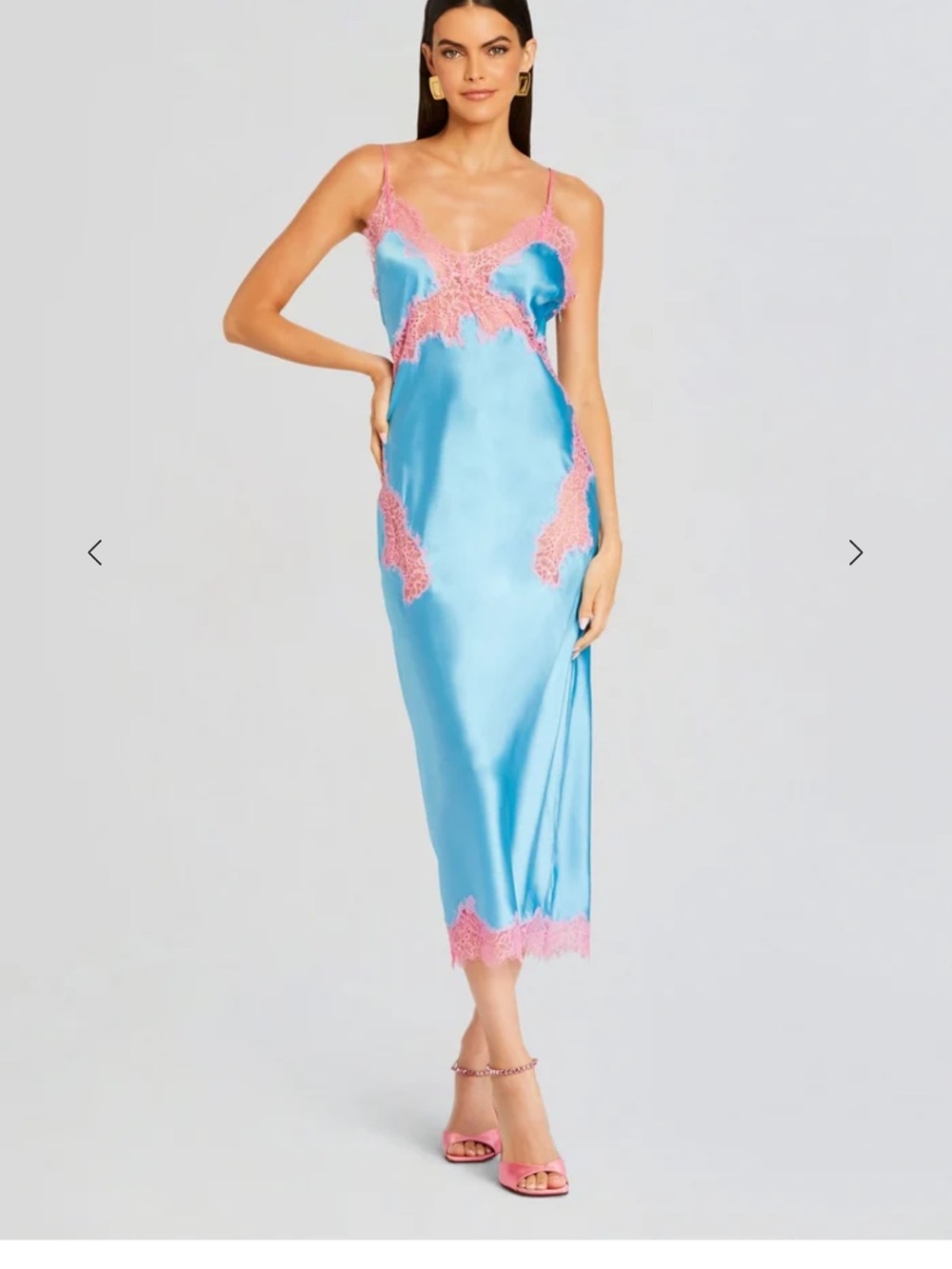Retrofete Blue Satin Slip Dress with Pink Lace Trim